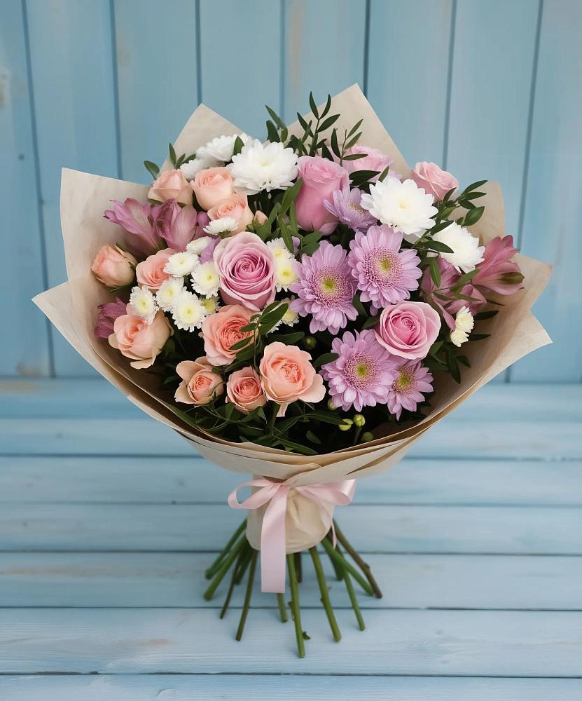 Букет цветов из: Хризантемы, Розы и Альстромерии в Тоннельном