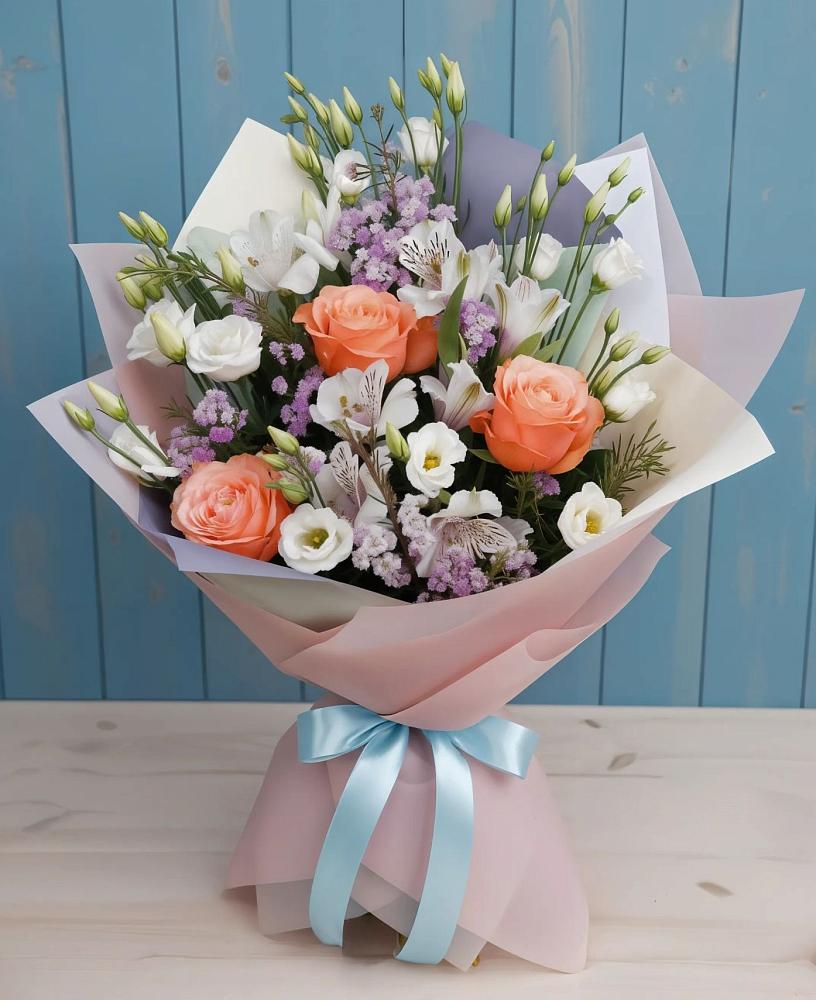 Букет цветов из: Лизиантусы, Розы, Альстромерии и Гипсофила в Тоннельном