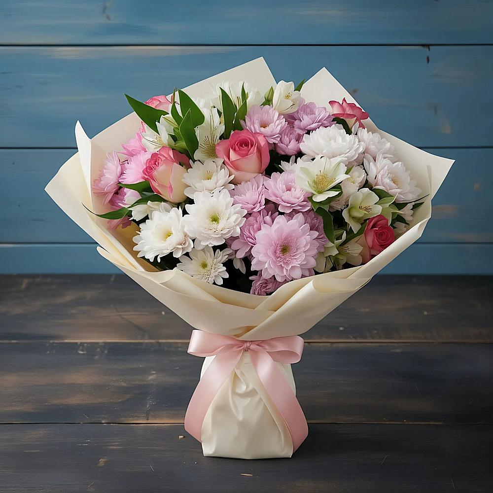 Букет цветов из: Хризантемы, Альстромерии и Розы в Тоннельном